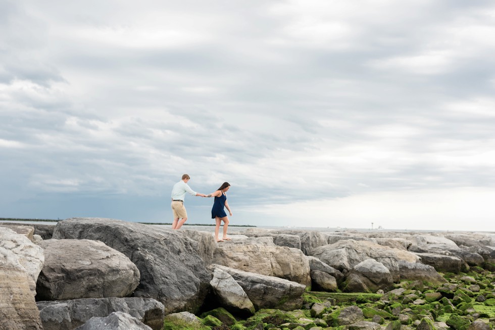 Barnegat Lighthouse proposal photos on the rocks at the Jersey Shore