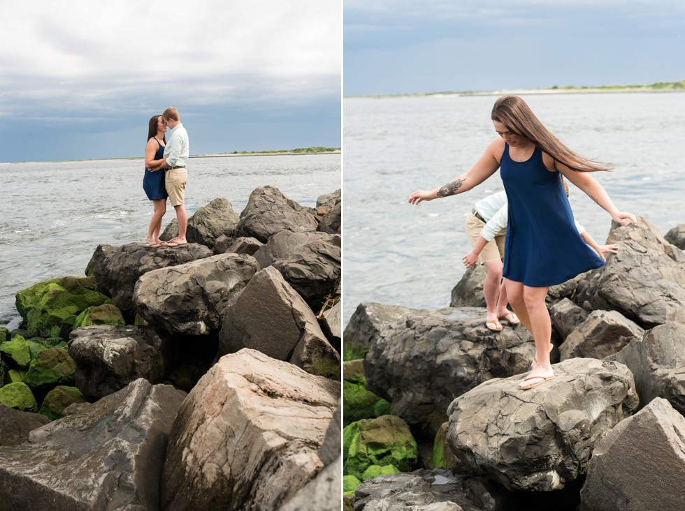 Lesbian Proposal photographer at Barnegat Lighthouse rocks