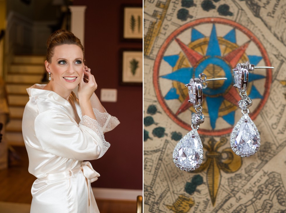 Bride getting ready at home with satin cream robe