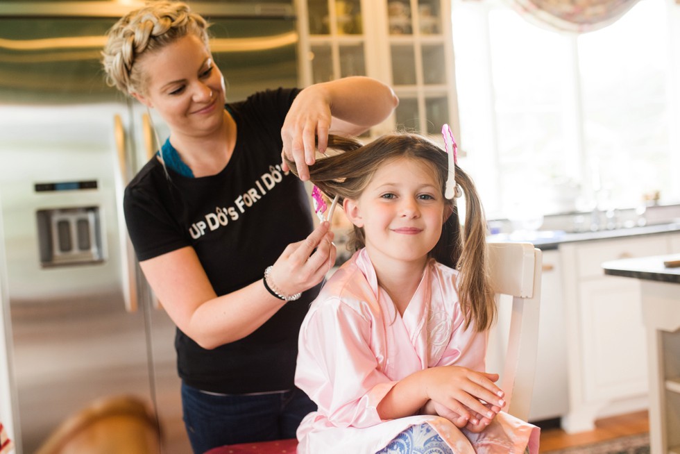 Up Dos For I Dos flower girl hair candids at home getting ready for a wedding at Elkridge Furnace Inn