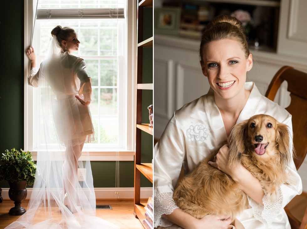 Bridal portrait with brides dog at home