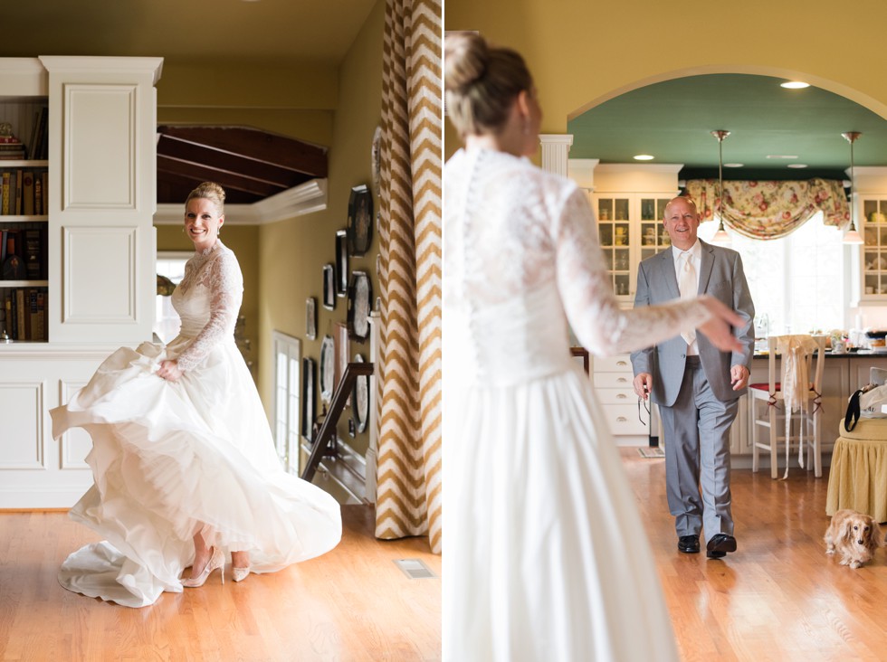 Brides first look with dad in her WTOO by Watters strapless wedding dress with lace coverlet