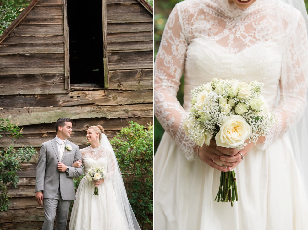 Grey mens tux and WTOO by Watters bridal dress in front of wood cabin at Elkridge Furance Inn