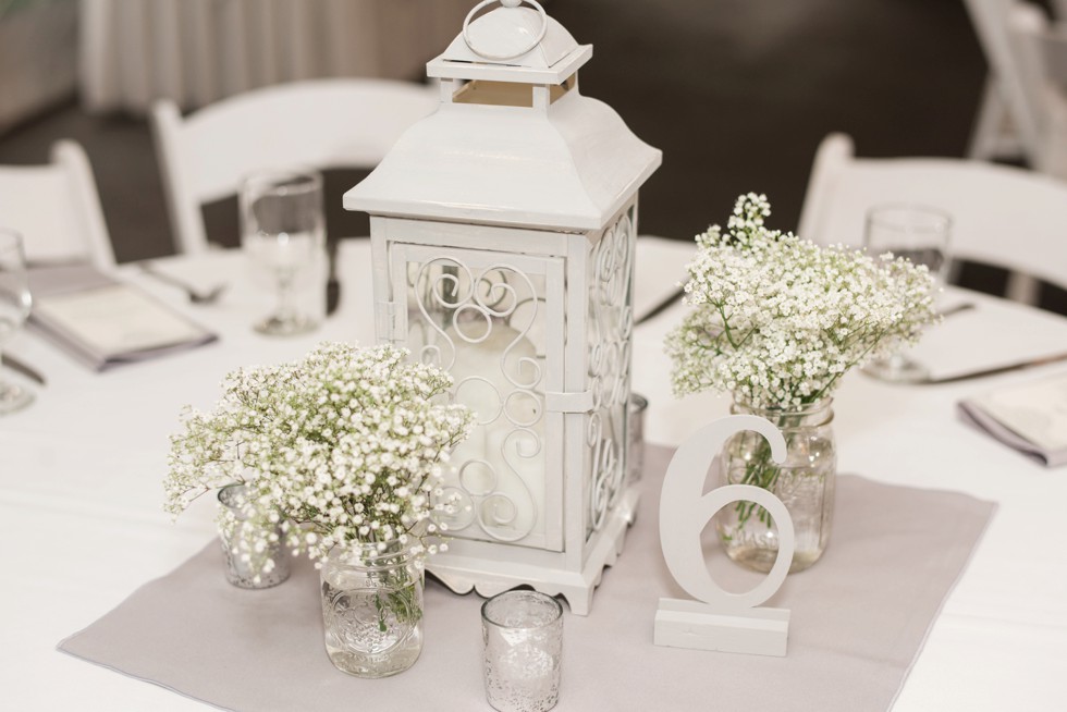 White and grey reception details at Elkridge Furnace Inn tented wedding