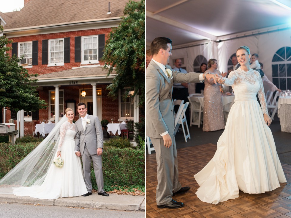 White and grey reception details at Elkridge Furnace Inn tented wedding