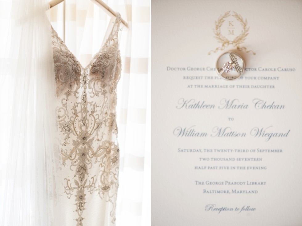 Love Couture bridal dress hanging in Courtyard Marriott with Peabody Library wedding invitation by MLC Designs