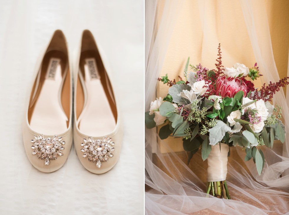 Creamy golden badgley mischka bridal flats beside Wicked Willow Floral bouquet