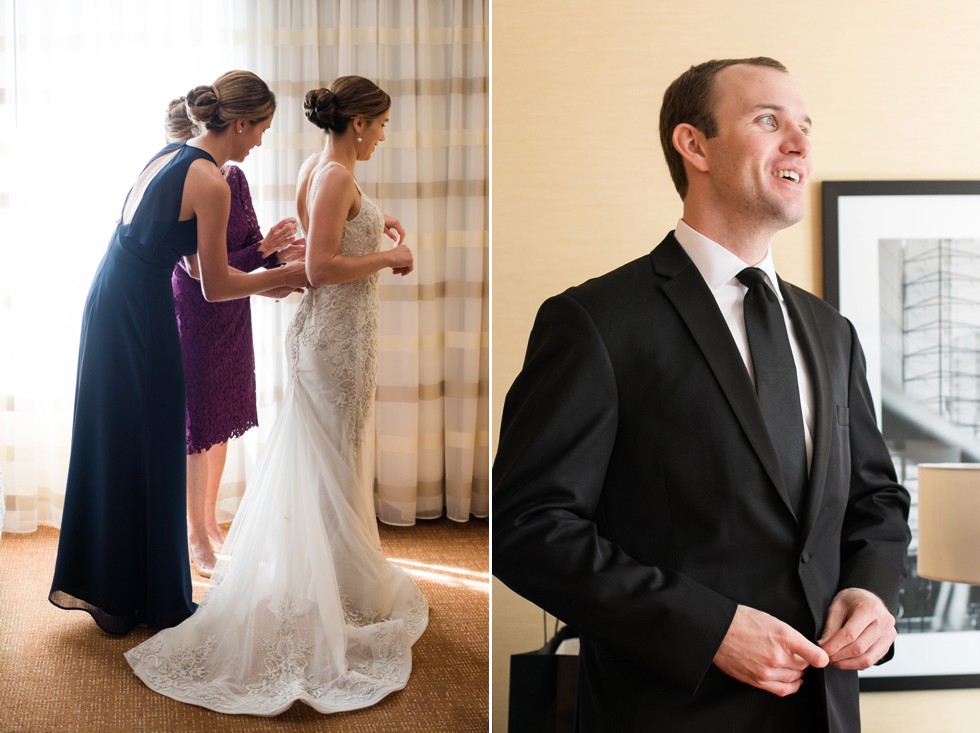 Groom getting in his Jos A Bank black Tux