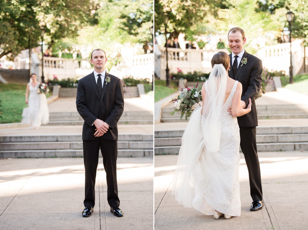 Groom waiting in front of Walters Art Museum in Baltimore before First Look