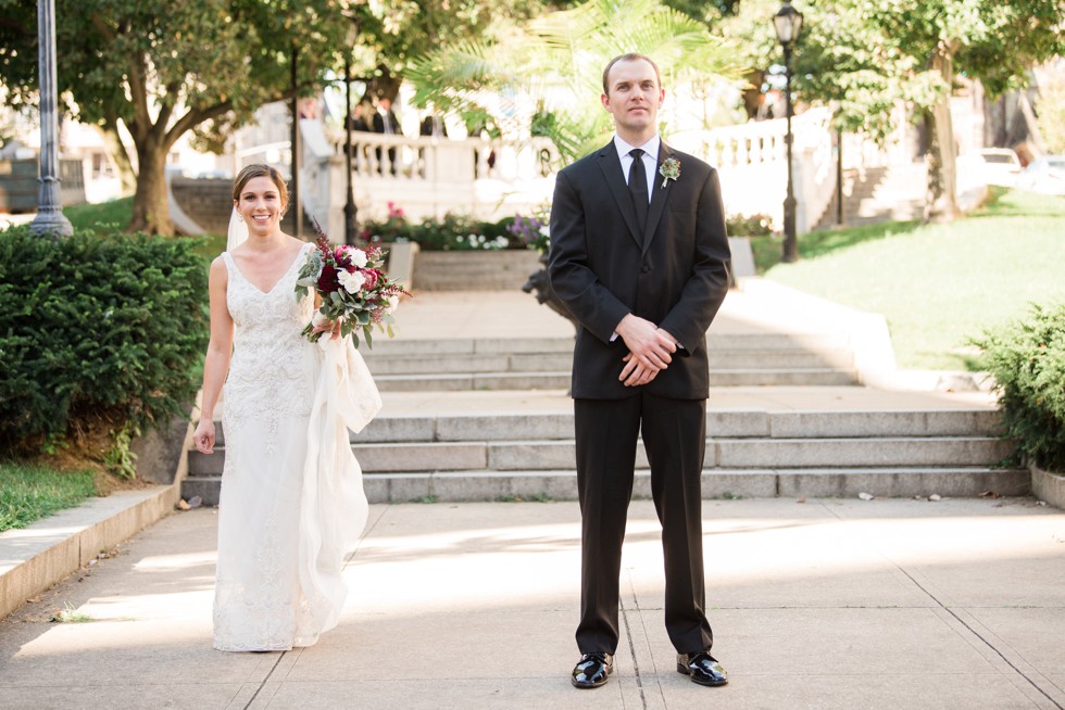 Bride and Groom in front of Walters Art Museum in Baltimore before First Look