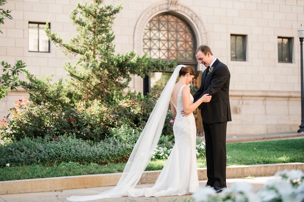 Bride and Groom in front of Walters Art Museum for their First Look