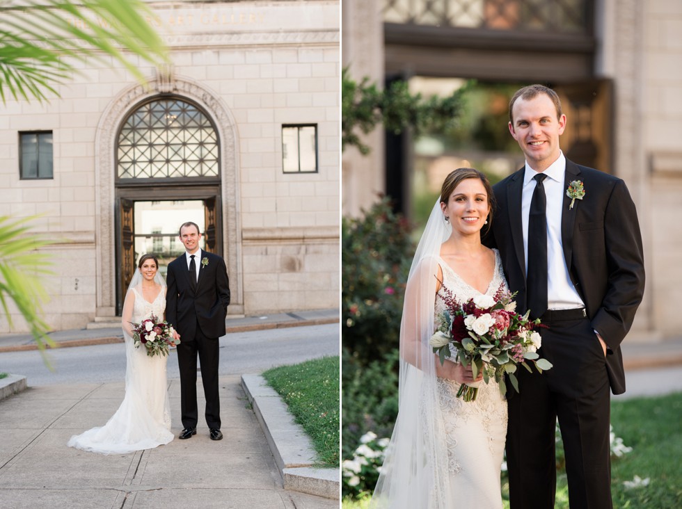 Newlywed photos in front of Walters Art Museum in Mount Vernon