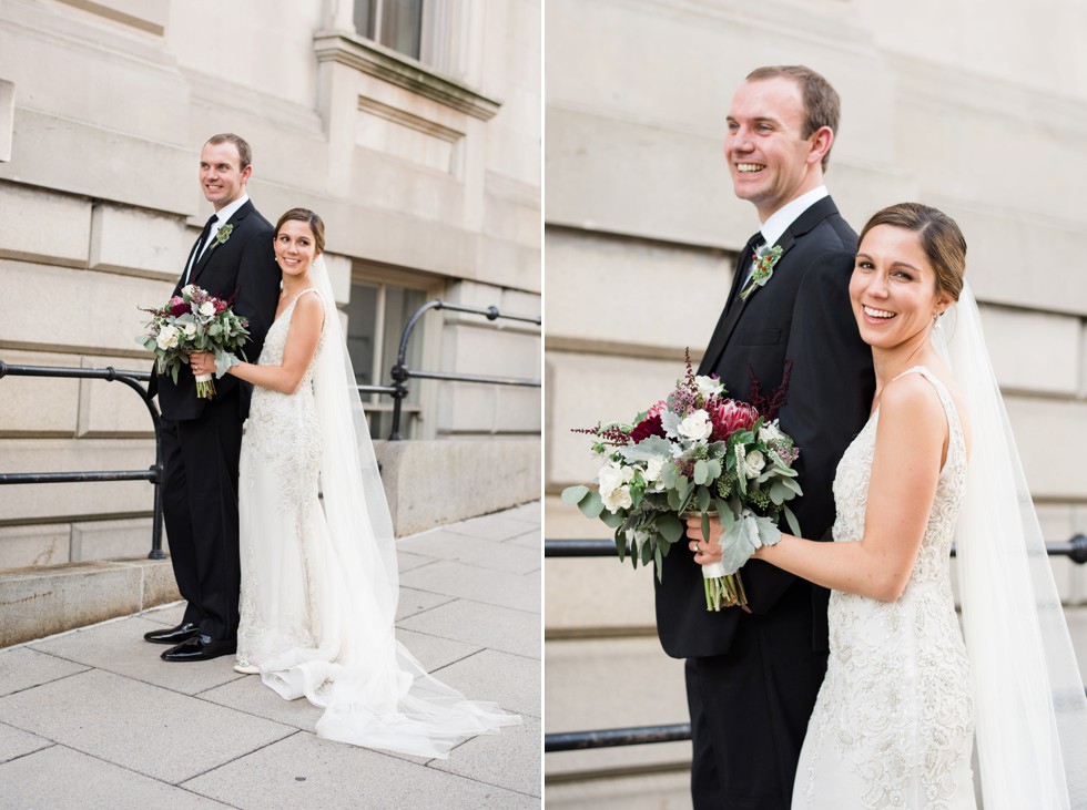 Peabody Library wedding photos of bride and groom