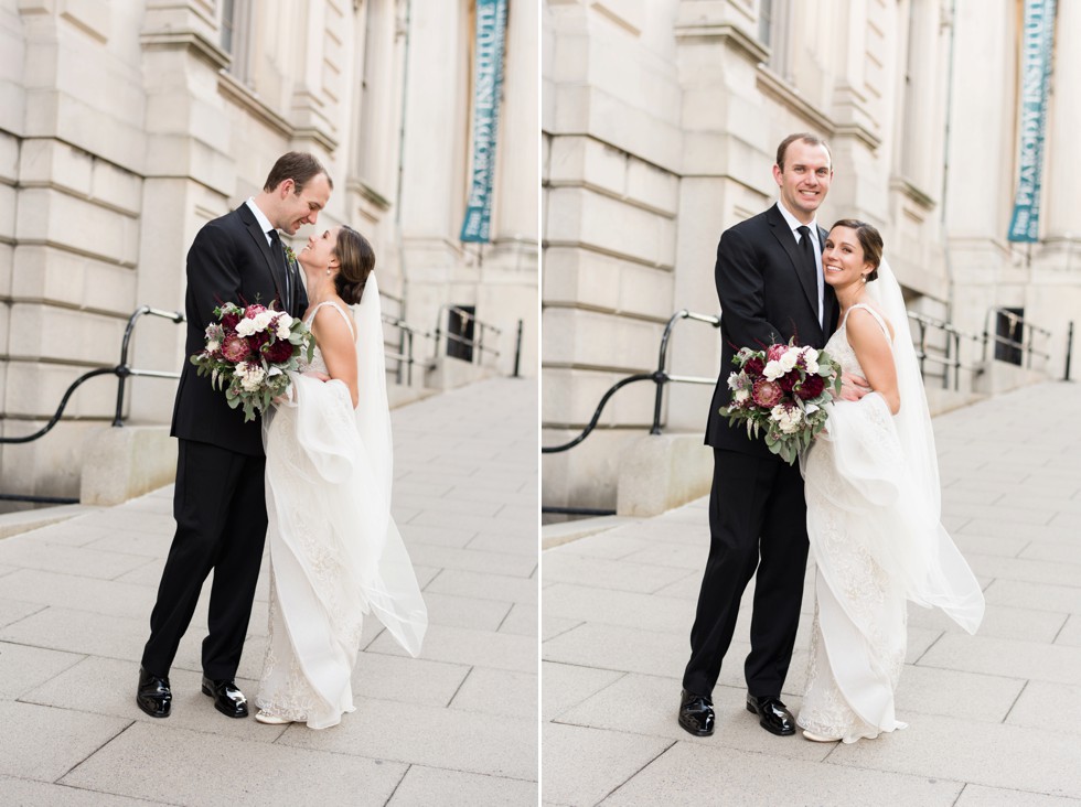 Peabody Library wedding photos of bride and groom walking down Mount Vernon hills