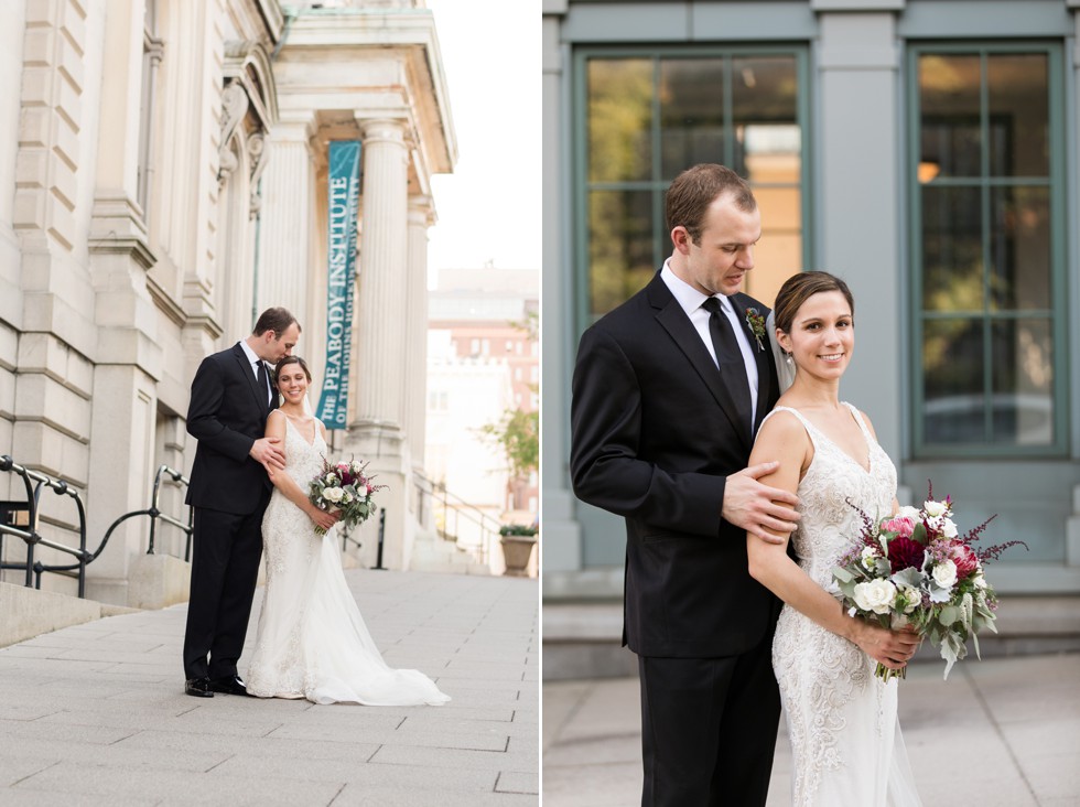 Peabody Library wedding photos of bride and groom walking down Mount Vernon hills