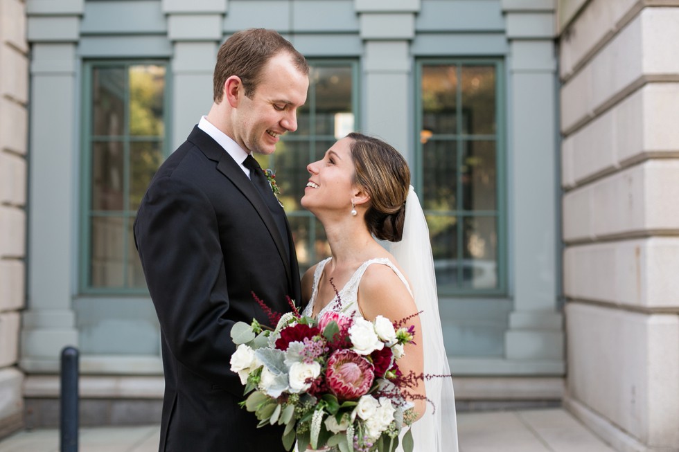 Burgundy and plum wedding flowers from Wicked Willow at Peabody Library wedding