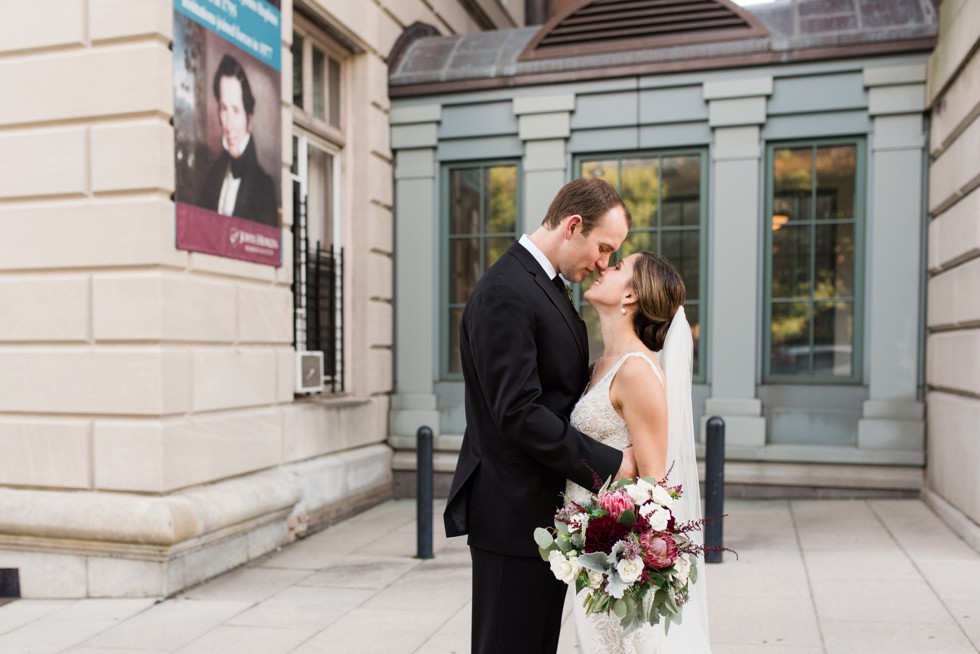 Burgundy and plum wedding flowers from Wicked Willow at Peabody Library wedding