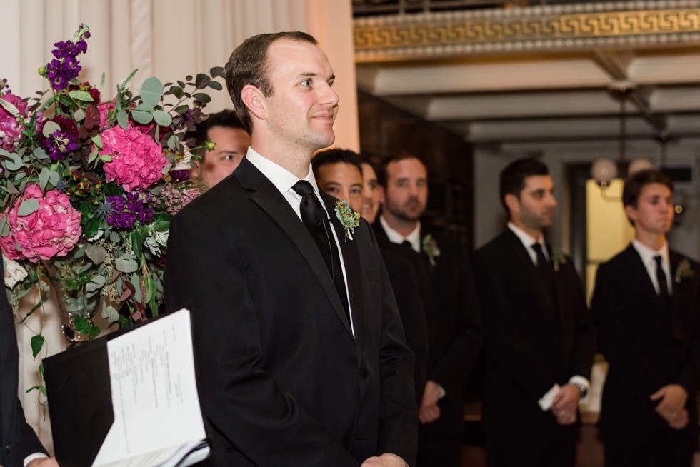 Groom waiting for his bride at Peabody library ceremony