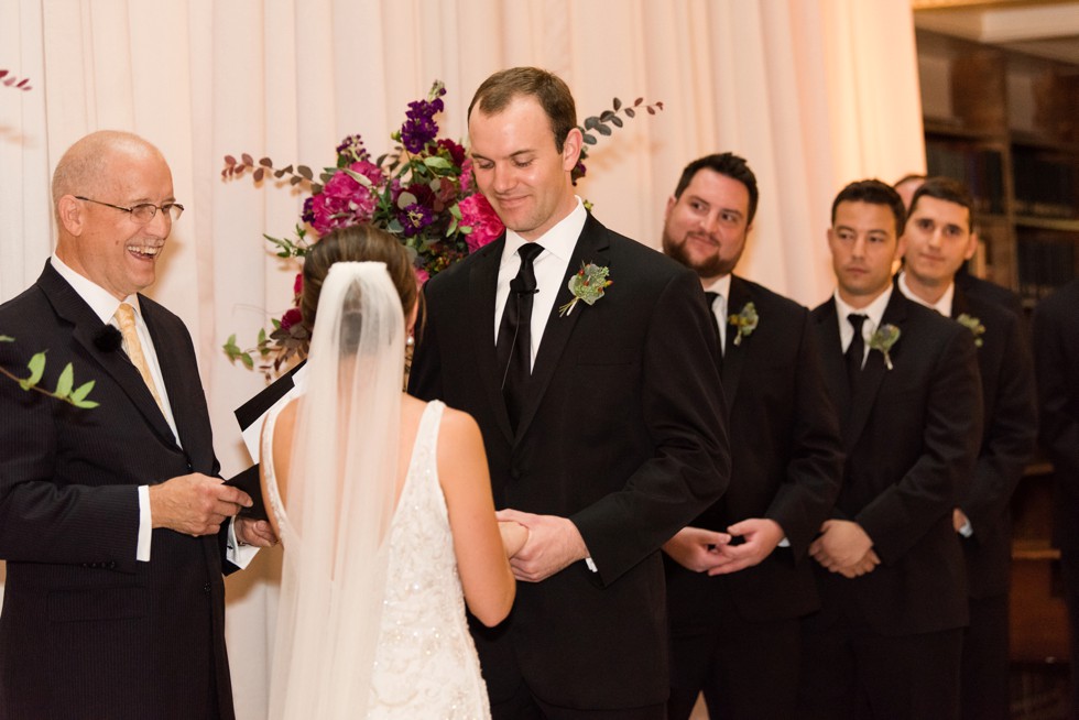 Groom waiting for his bride at Peabody library ceremony