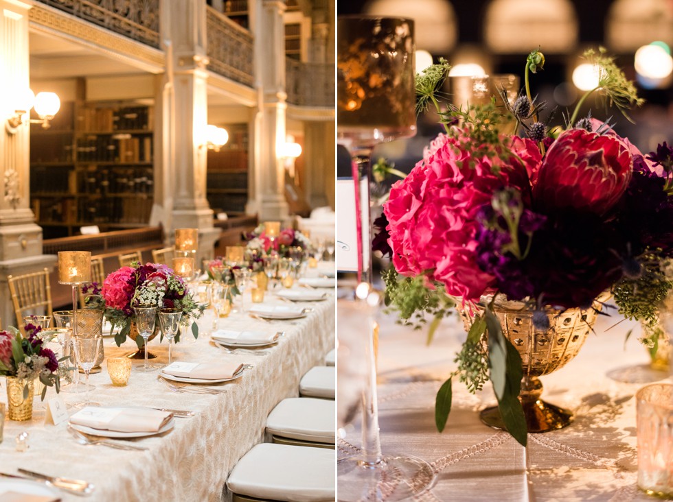 Wide photo of Peabody Library Reception space with gold burgundy green and plum florals from Wicked Willow