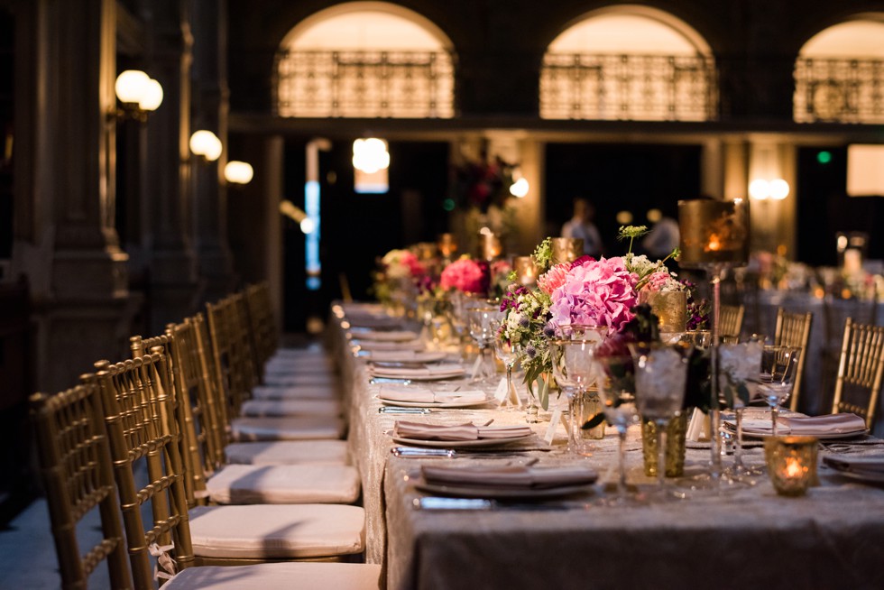 Wide photo of Peabody Library Reception space with gold burgundy green and plum florals from Wicked Willow