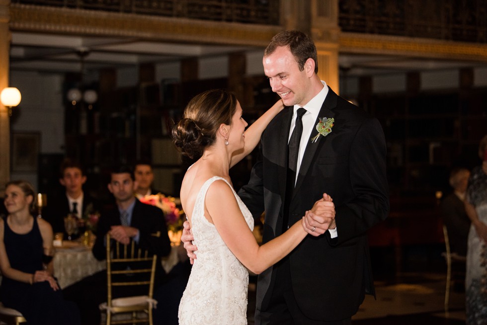 Newlyweds first dance as Mr and Mrs at Peabody Library