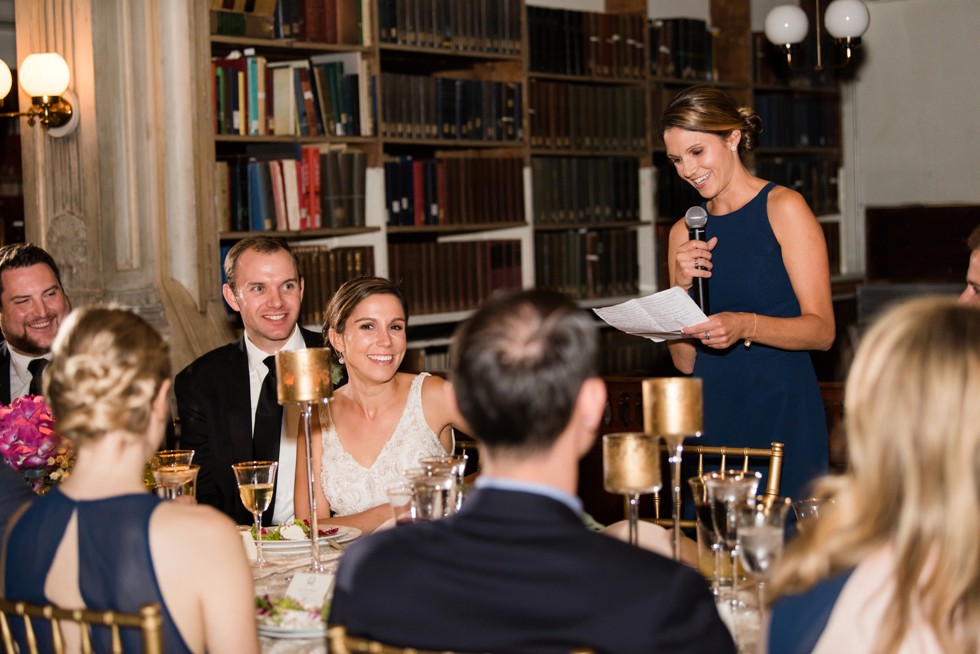 Speeches at an indoor romantic wedding at peabody Library