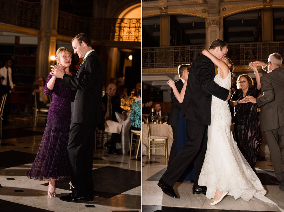 Mother son dance at a romantic wedding in a Library