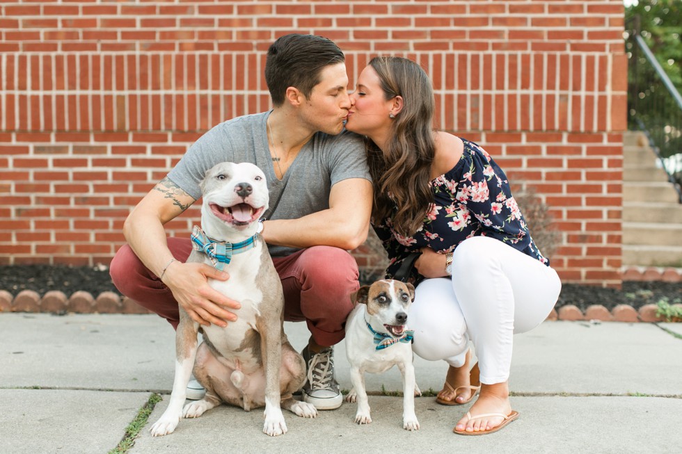 Engagement photos with two dogs in Fells Point