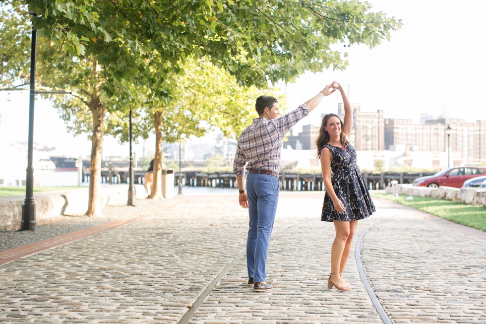 cobble stone and navy lace dress for engagement photos