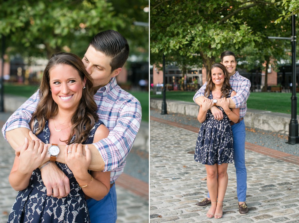 cobble stone and navy lace dress for engagement photos