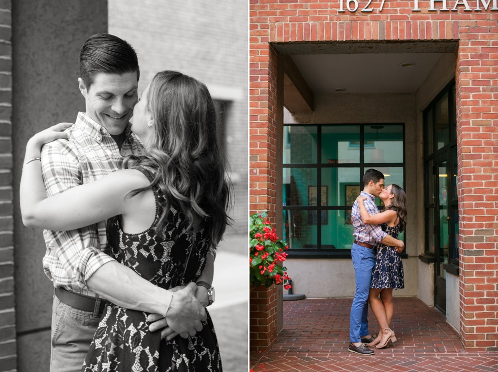 black and white photo of couple kissing in engagement session