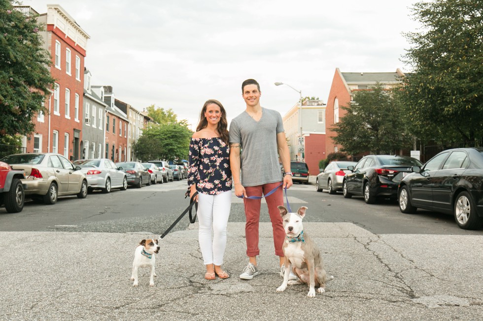 Engagement photos with two dogs in Fells Point