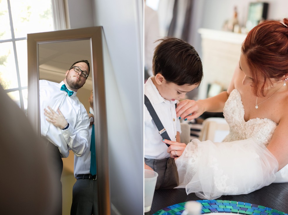 Groom in a teal bowtie at Anchor Inn wedding venue