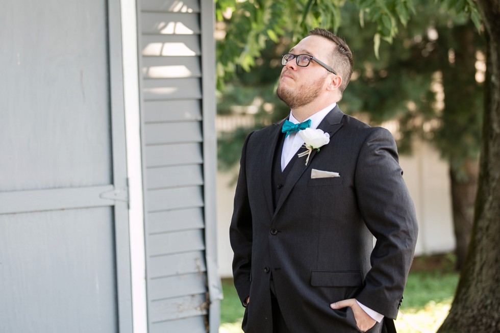 Groom in a teal bowtie at Anchor Inn wedding venue