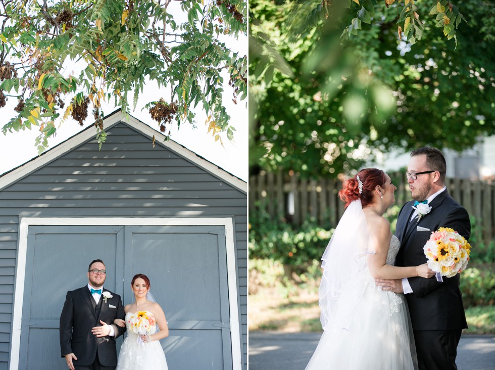 bride and groom portraits with a teal bowtie at Anchor Inn Wedding