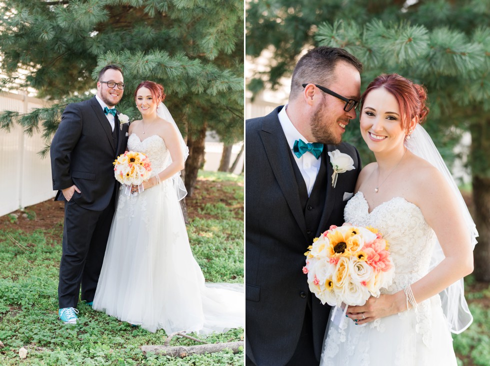 bride and groom portraits with a teal bowtie at Anchor Inn Wedding