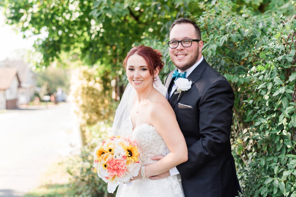 bride and groom portraits with a teal bowtie at Anchor Inn Wedding