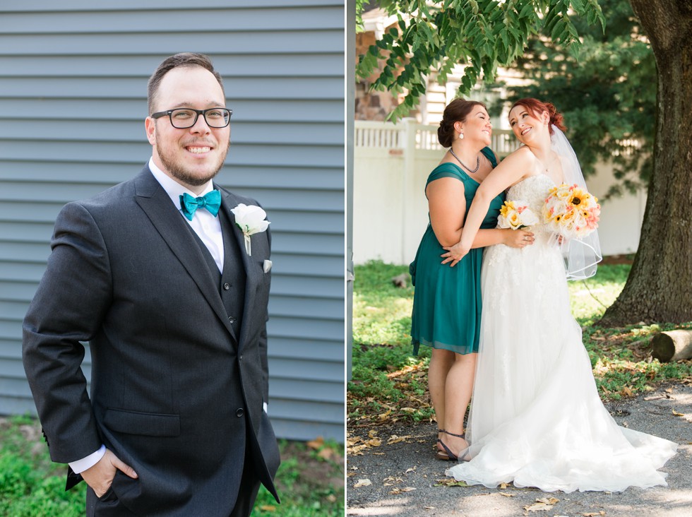 bride and groom portraits with a teal bowtie at Anchor Inn Wedding