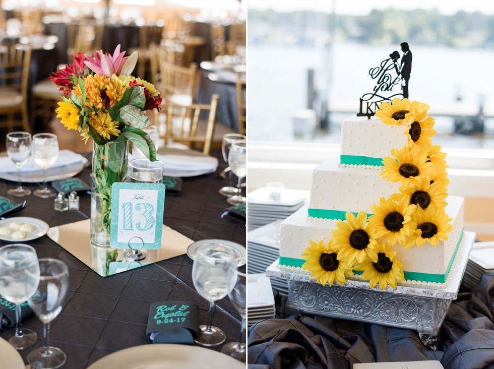 Wedding reception details with sunflowers at Anchor Inn on the waterfront