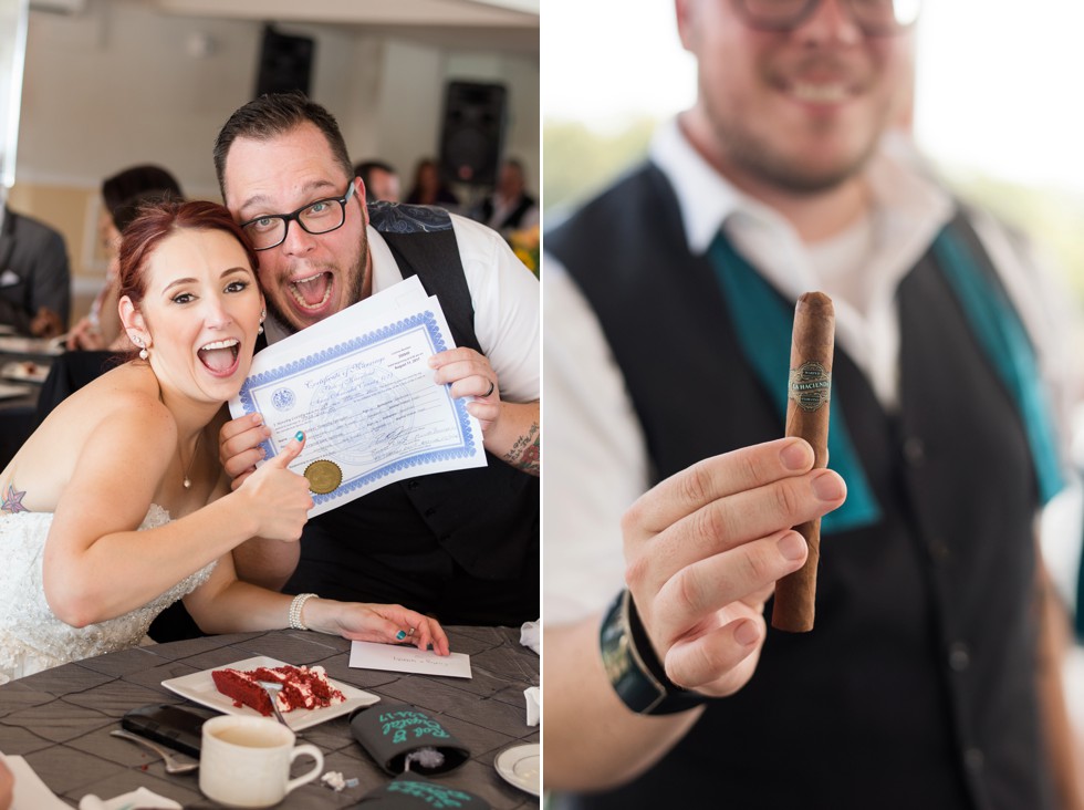 Bride and groom signing their marriage certificate