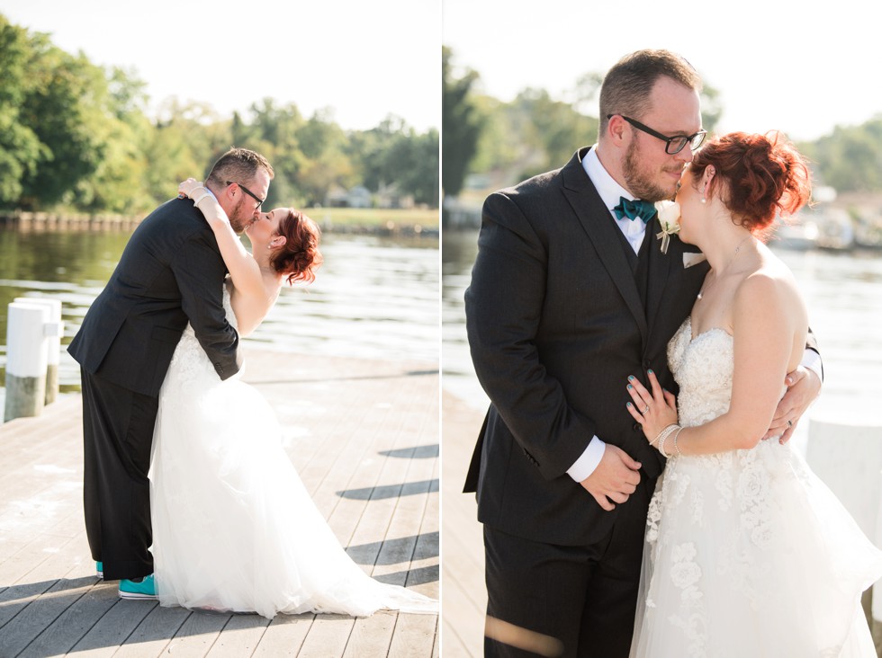 Bride and groom wedding portraits on the docks at Anchor Inn