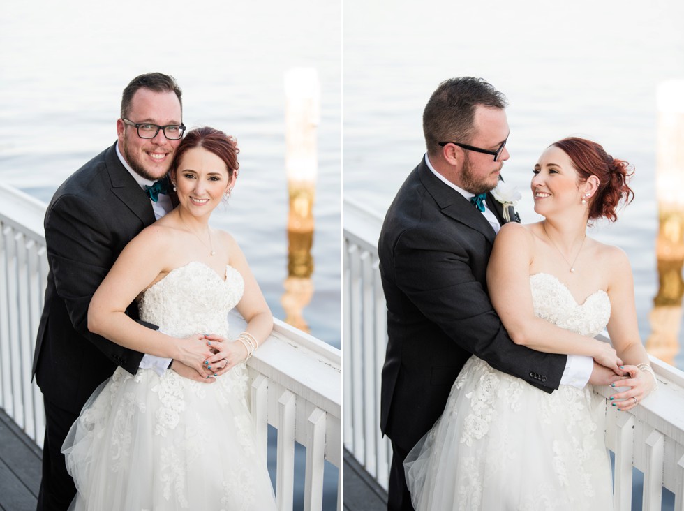 Bride and groom wedding portraits on the docks at Anchor Inn