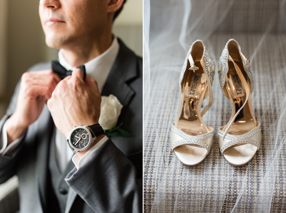 Grooms fossil wedding watch and Badgley Mischka brides shoes