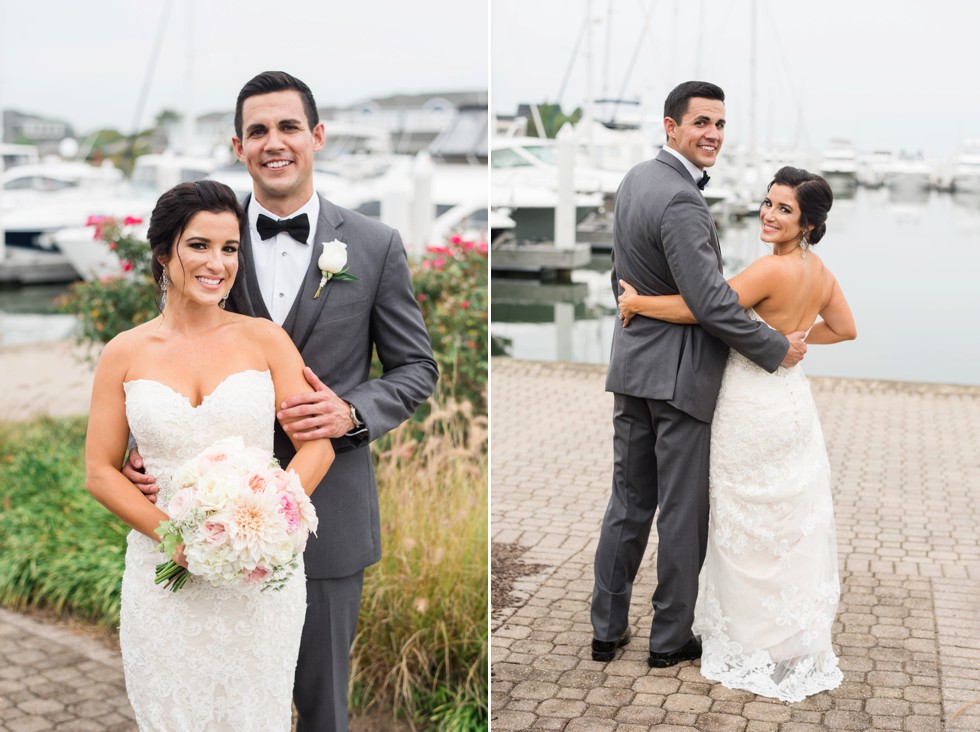 Waterfront Wedding portraits of Bride and groom overlooking the docks in Stevensville