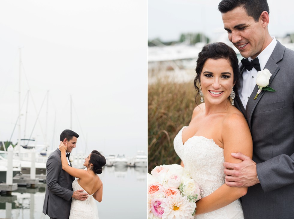 Waterfront Wedding portraits of Bride and groom overlooking the docks in Stevensville