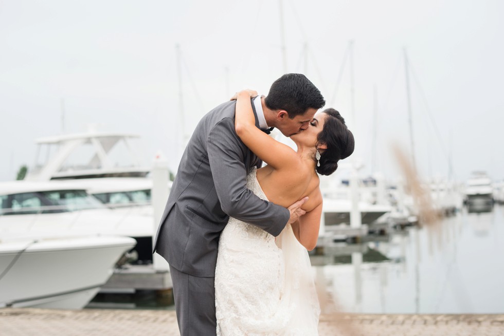 Waterfront Wedding portraits of Bride and groom overlooking the docks in Stevensville