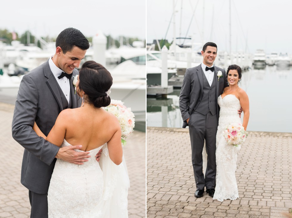 Waterfront Wedding portraits of Bride and groom overlooking the docks in Stevensville