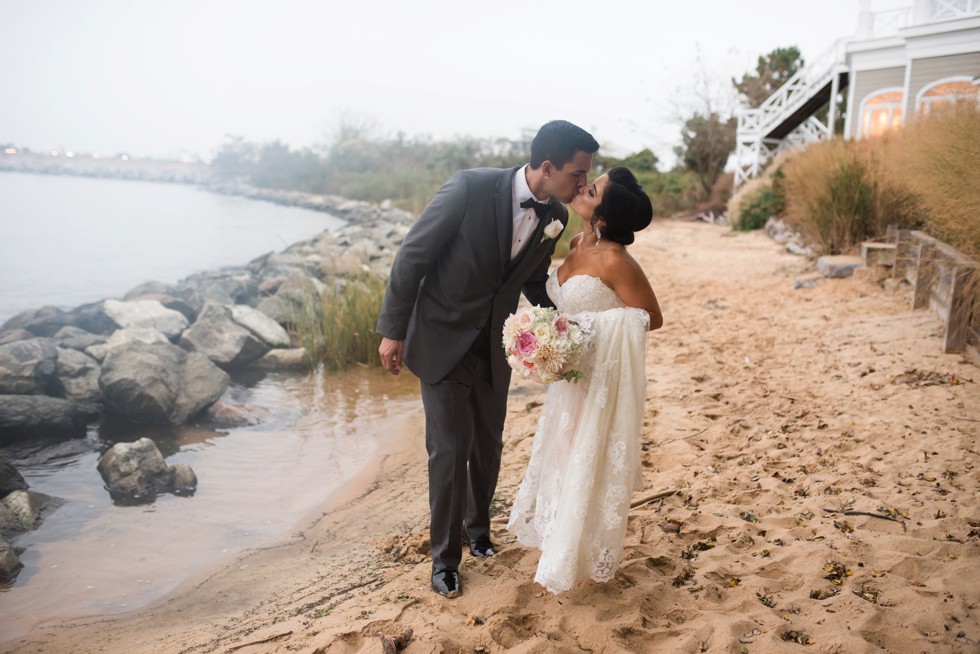 Fall wedding photos with mist on the beach at the Chesapeake Bay Beach Club