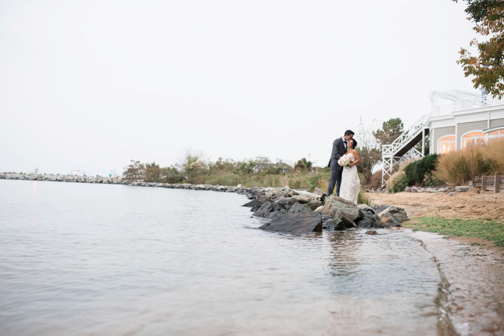 Fall wedding photos with mist on the beach at the Chesapeake Bay Beach Club